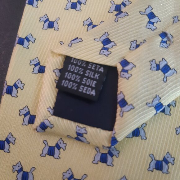 Scottie Dog Repeating Pattern Soft Yellow with Blue & White- Men's Tie 100% Silk - Picture 7 of 9